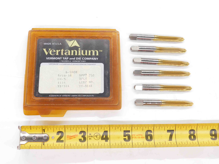 6pcs. NEW VERTANIUM 5/16 18 GH-5 HSS TiN SPIRAL POINT PLUG TAPS 3 STRAIGHT FL - DCT-DM3095