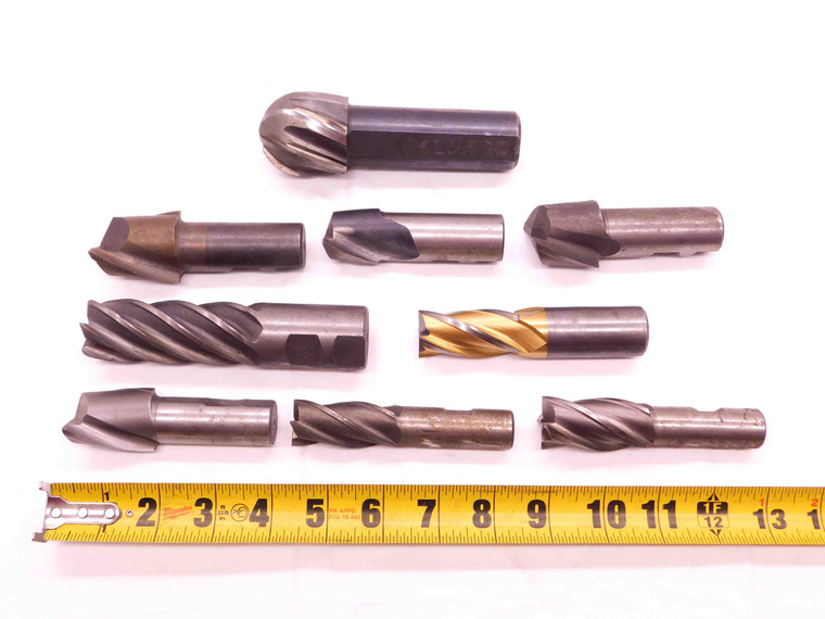 9pc LOT HSS END MILLS VARIOUS TYPES SIZES AROUND 1" TO 1 1/2 MACHINIST TOOLING - BR10821AN4