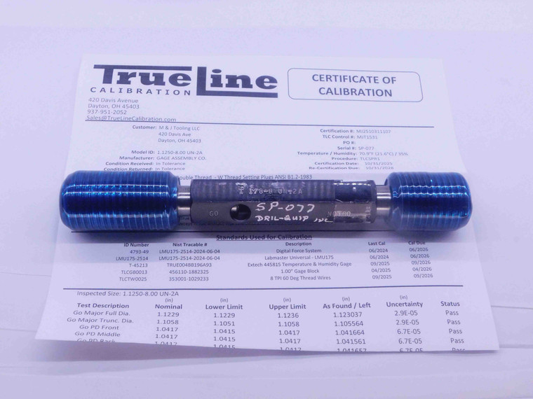 CERTIFIED 1 1/8 8 UN 2A SET THREAD PLUG GAGE 1.125 GO NO GO = 1.0417 & 1.0348 - DW37699TLC