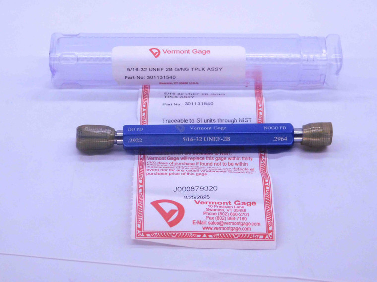 NEW 5/16 32 UNEF 2B VERMONT THREAD PLUG GAGE .3125 GO NO GO PD'S = .2922 & .2964 - DW37734VTG