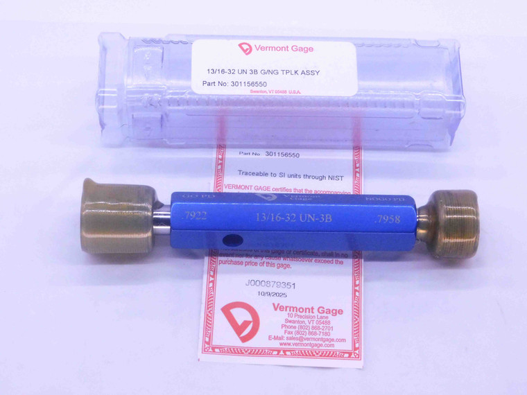 NEW 13/16 32 UN 3B VERMONT THREAD PLUG GAGE .8125 GO NO GO PD'S = .7922 & .7958 - DW37744VTG
