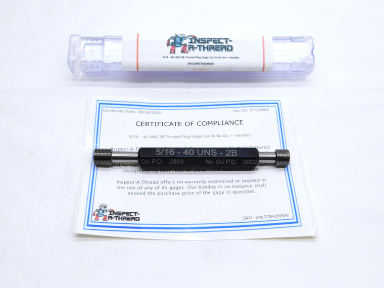 NEW 5/16 40 UNS 2B THREAD PLUG GAGE .3125 GO NO GO P.D.'S = .2963 & .3002 CHECK - DW37843MSAF