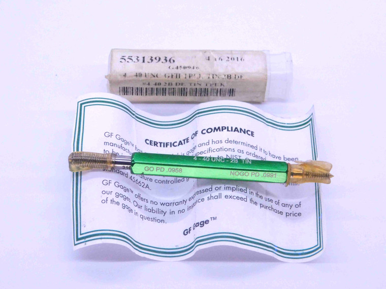 NEW 4 40 UNC 2B TiN COATED THREAD PLUG GAGE #4 .112 GO NO GO PDS= .0958 & .0991 - DW38147CR5