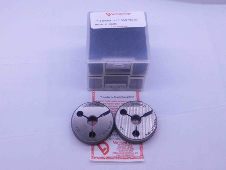 NEW 7/16 28 UNEF 2A VERMONT THREAD RING GAGES .4375 GO NO GO PDS= .4132 & .4096 - DW38197VTG