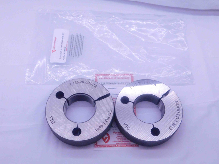 NEW 1 1/2 20 UN 2A VERMONT THREAD RING GAGES 1.5 GO NO GO PD'S = 1.4661 & 1.4613 - DW38199VTG