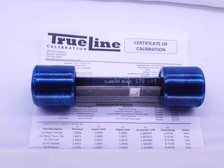 CERTIFIED 2" 12 UN 3A SET THREAD PLUG GAGE 2.0 GO NO GO PD'S = 1.9459 & 1.9414 - DW38457TLC