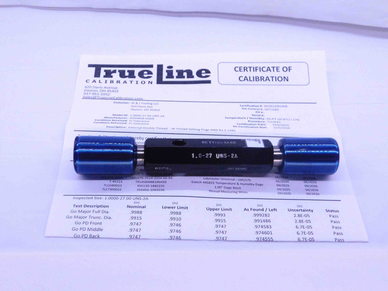 CERTIFIED 1" 27 UNS 2A SET THREAD PLUG GAGE 1.0 GO NO GO P.D.'S = .9747 & .9707 - DW38462CR5