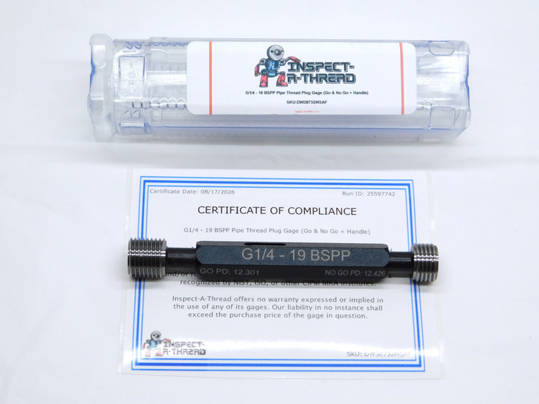 NEW G1/4 19 BSPP PIPE THREAD PLUG GAGE 1/4 .25 GO NO GO P.D.'S = 12.301 & 12.426 - DW38732MSAF
