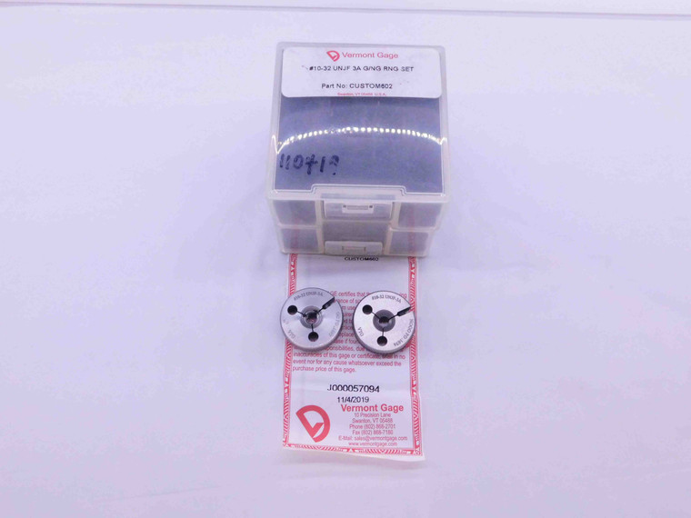 NEW 10 32 UNJF 3A VERMONT THREAD RING GAGES #10 .190 GO NO GO PDS= .1697 & .1674 - DW40407AR6