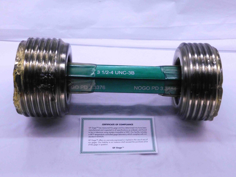 NEW 3 1/2 4 UNC 3B THREAD PLUG GAGE 3.5 4. GO NO GO P.D.'S = 3.3376 & 3.3438 - DW40473GFG