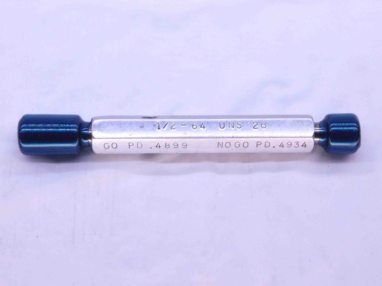 1/2 64 UNS 2B THREAD PLUG GAGE .5 .50 .500 .5000 GO NO GO P.D.'S = .4899 & .4934 - DW40618SLW