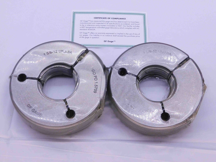 NEW 1 5/8 12 UNJ 3A THREAD RING GAGES 1.625 GO NO GO P.D.'S = 1.5709 & 1.5665