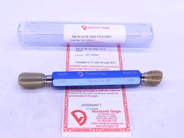 NEW 3/8 20 UN 3B VERMONT THREAD PLUG GAGE .375 GO NO GO P.D.'S = .3425 & .3465 - DW40964VTG