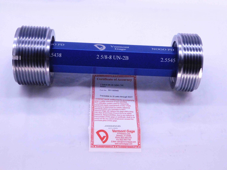 NEW 2 5/8 8 UN 2B VERMONT THREAD PLUG GAGE 2.625 GO NO GO PD'S = 2.5438 & 2.5545 - DW40985VTG