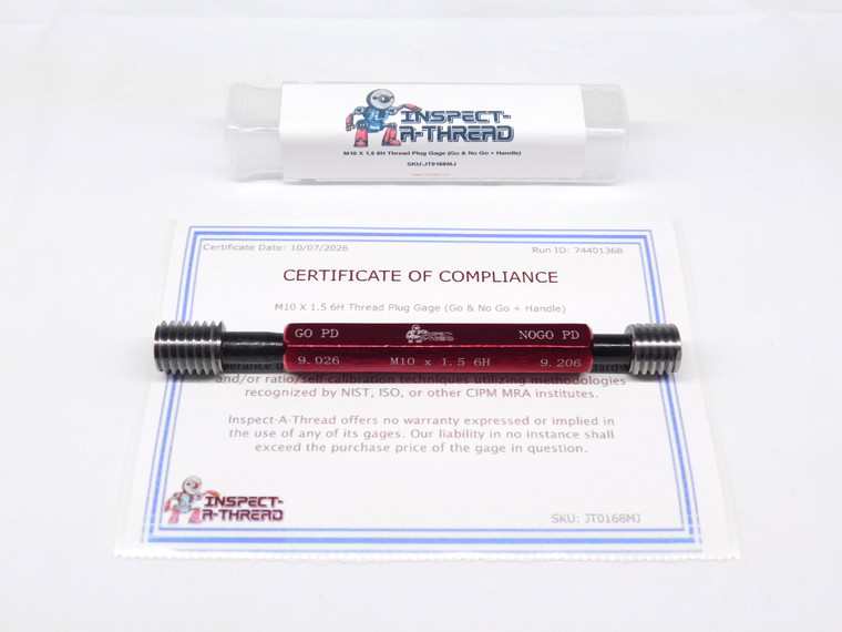 NEW M10 X 1.5 6H METRIC THREAD PLUG GAGE 10.0 1.50 GO NO GO P.D.'S 9.026 & 9.206
