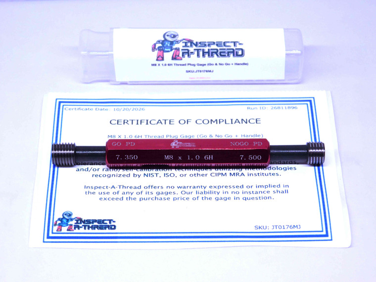 NEW M8  X  1.0  6H METRIC THREAD PLUG GAGE 8.0 1  GO NO GO P.D.'S= 7.350 & 7.500