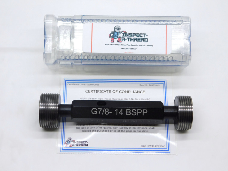 NEW G7/8 14 BSPP PIPE THREAD PLUG GAGE .875 GO NO GO PD'S = 29.039 & 29.181 7/8 - DW41439MSAF
