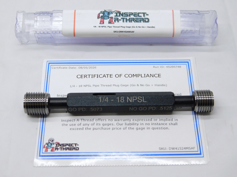 NEW 1/4 18 NPSL PIPE THREAD PLUG GAGE .25 GO NO GO P.D.'S = .5073 & .5125 2B - DW41524MSAF