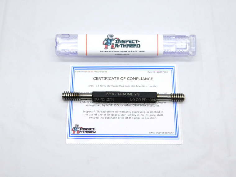 NEW 5/16 14 ACME 2G THREAD PLUG GAGE .3125 GO NO GO P.D.'S = .2768 & .2882 CHECK - DW41526MSAF