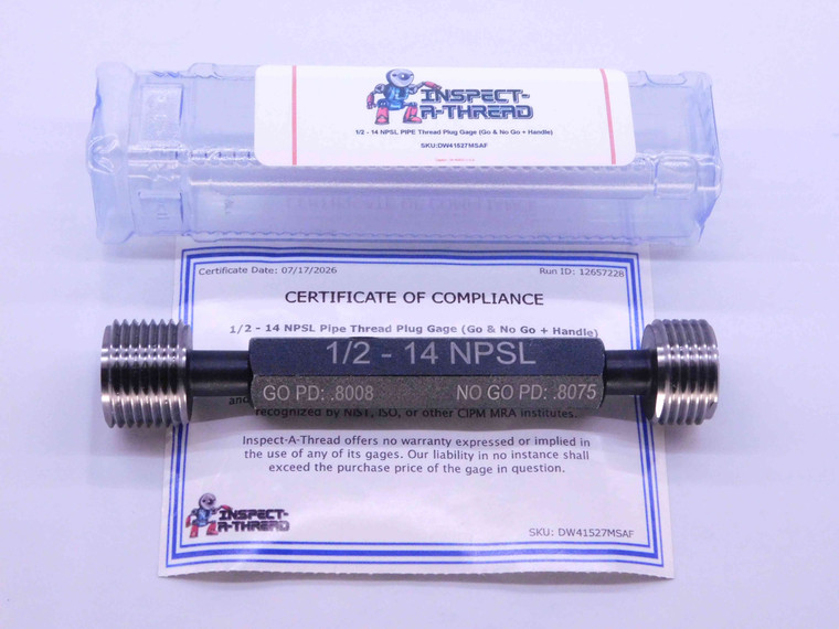 NEW 1/2 14 NPSL PIPE THREAD PLUG GAGE .5 .50 GO NO GO P.D.'S = .8008 & .8075 2B - DW41527MSAF