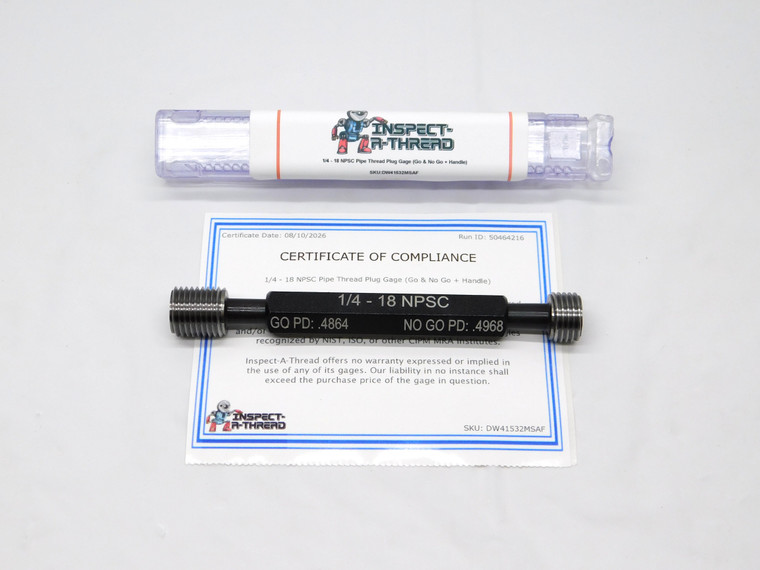 NEW 1/4 18 NPSC PIPE THREAD PLUG GAGE .25 .250 GO NO GO P.D.'S = .4864 & .4968 - DW41532MSAF