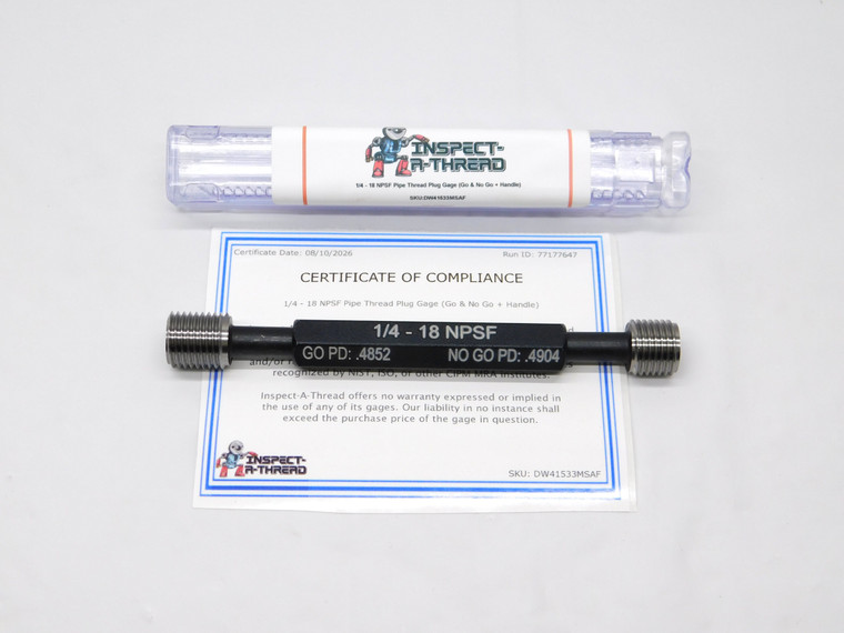 NEW 1/4 18 NPSF PIPE THREAD PLUG GAGE .25 GO NO GO P.D.'S = .4852 & .4904 2B - DW41533MSAF