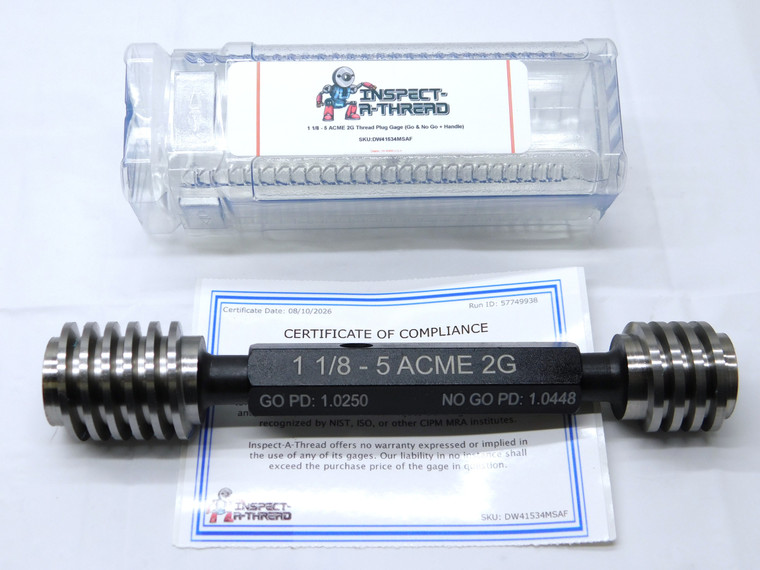 NEW 1 1/8 5 ACME 2G THREAD PLUG GAGE 1.125 GO NO GO PDS= 1.0250 & 1.0448 NA-2G - DW41534MSAF
