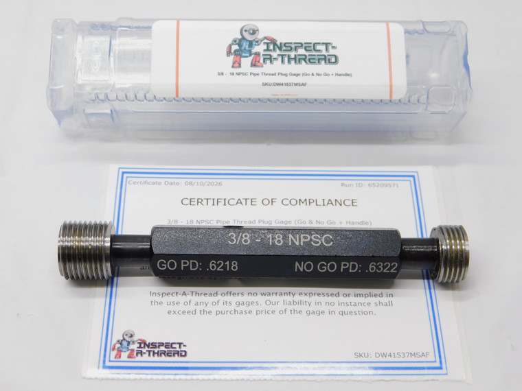 NEW 3/8 18 NPSC PIPE THREAD PLUG GAGE .375 .3750 GO NO GO P.D.'S = .6218 & .6322 - DW41537MSAF