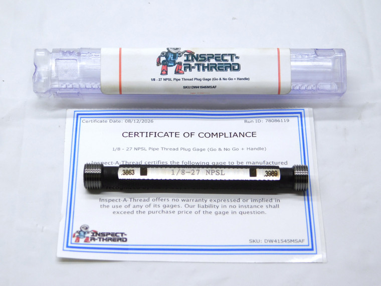 NEW 1/8 27 NPSL PIPE THREAD PLUG GAGE .125 GO NO GO P.D.'S = .3863 & .3989 2B - DW41545MSAF