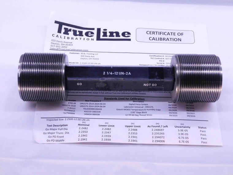 CERTIFIED 2 1/4 12 UN 2A SET THREAD PLUG GAGE 2.25 GO NO GO = 2.1941 & 2.1880 - DW41546TLC
