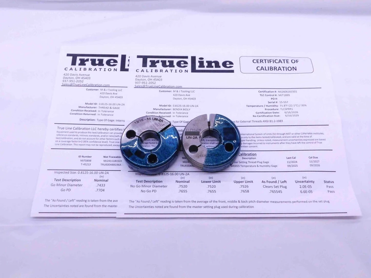 CERTIFIED 13/16 16 UN 2A THREAD RING GAGES .8125 GO NO GO PD'S = .7704 & .7655 - DW41550TLC