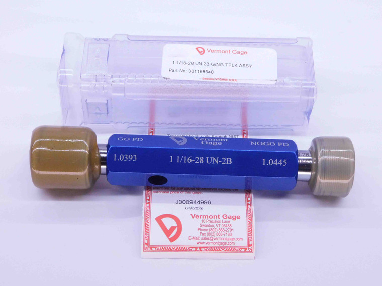 NEW 1 1/16 28 UN 2B VERMONT THREAD PLUG GAGE 1.0625 GO NO GO = 1.0393 & 1.0445 - DW41585VTG