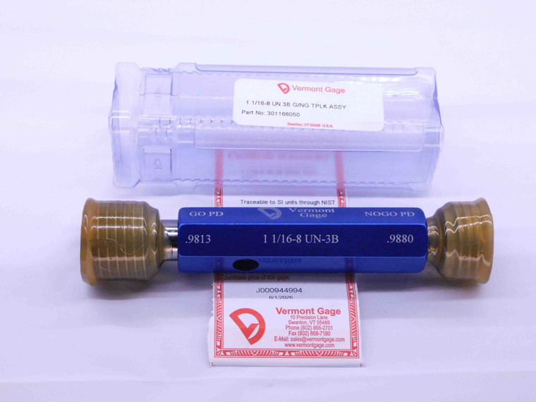 NEW 1 1/16 8 UN 3B VERMONT THREAD PLUG GAGE 1.0625 GO NO GO PD'S = .9813 & .9880 - DW41594VTG