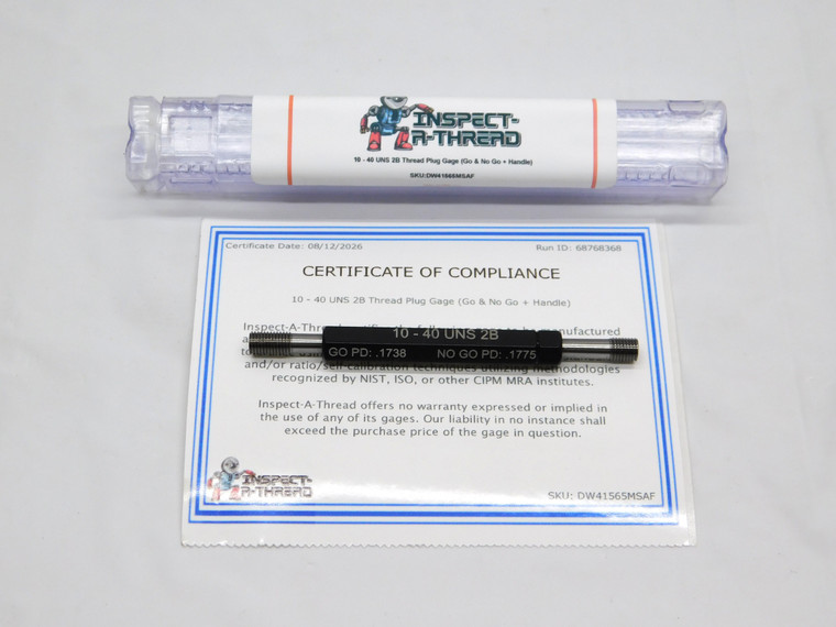 NEW 10 40 UNS 2B THREAD PLUG GAGE #10 .190 .1900 GO NO GO P.D.'S = .1738 & .1775 - DW41565MSAF