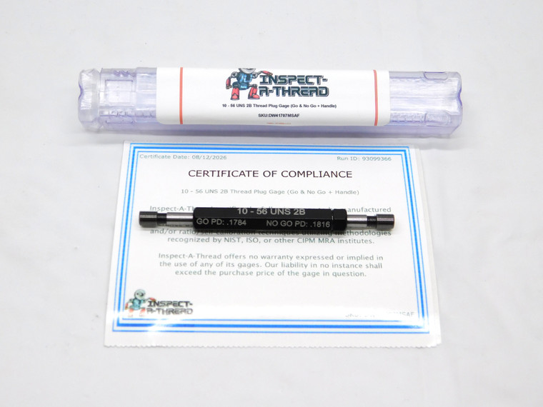NEW 10 56 UNS 2B THREAD PLUG GAGE #10 .190 .1900 GO NO GO P.D.'S = .1784 & .1816 - DW41707MSAF