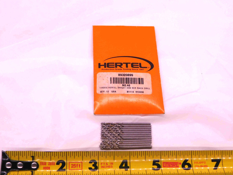12PCS HERTEL 0.081 O.D. HSS SCREW MACHINE LENGTH DRILL BIT 89320899 .081 #46 - JJ2509BB6