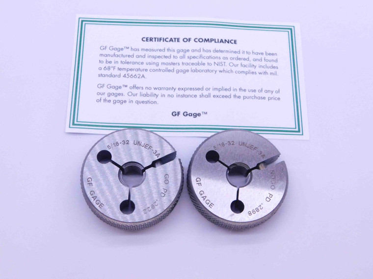 NEW 5/16 32 UNJEF 3A THREAD RING GAGES .3125 GO NO GO P.D.'S = .2922 & .2898 - DW41931GFG