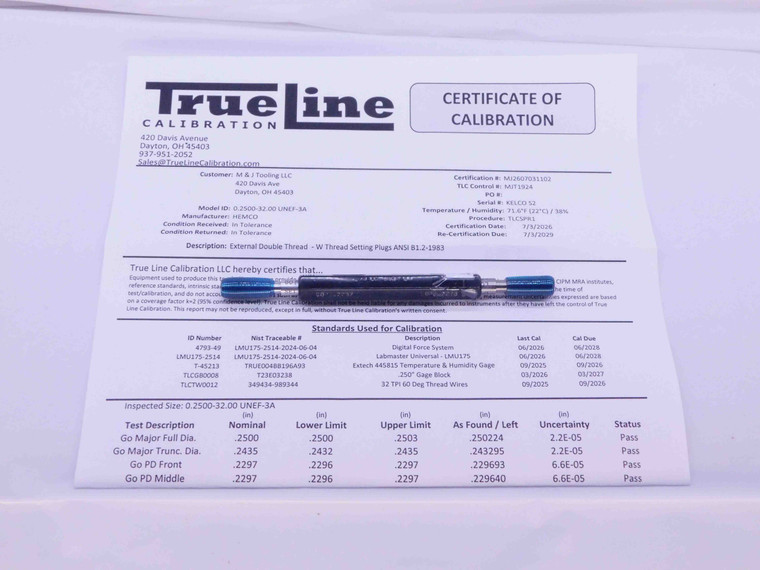 CERTIFIED 1/4 32 UNEF 3A SET THREAD PLUG GAGE .25 GO NO GO PD'S = .2297 & .2273 - DW41852TLC