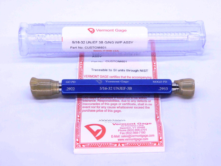 NEW 5/16 32 UNJEF 3B VERMONT THREAD PLUG GAGE .3125 GO NO GO PDS= .2922 & .2953 - DW42041VTG