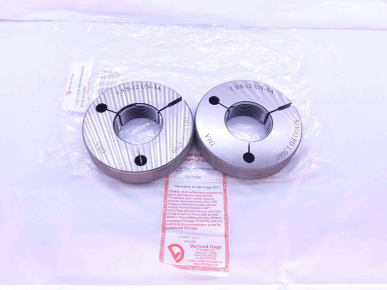 NEW 1 5/8 12 UN 3A VERMONT THREAD RING GAGES 1.625 GO NO GO PDS= 1.5709 & 1.5665 - DW42047VTG