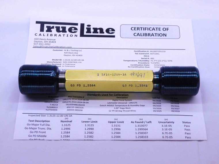 CERTIFIED 1 5/16 12 UN 3A SET THREAD PLUG GAGE 1.3125 GO NO GO = 1.2584 & 1.2541 - DW42175TLC