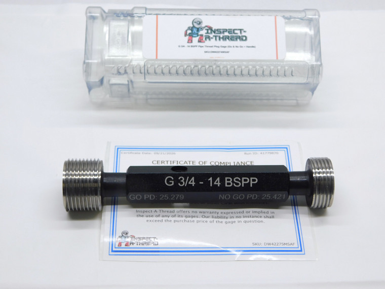 NEW G 3/4 14 BSPP PIPE THREAD PLUG GAGE .75 GO NO GO P.D.'S = 25.279 & 25.421 - DW42274MSAF