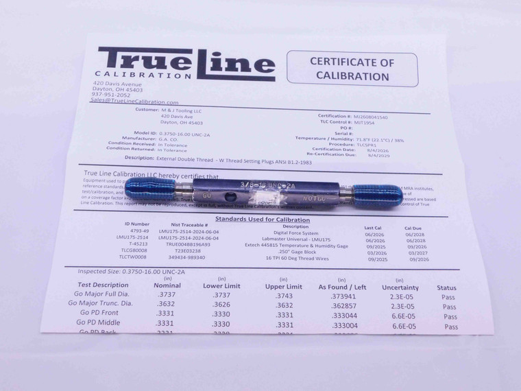CERTIFIED 3/8 16 UNC 2A SET THREAD PLUG GAGE .375 GO NO GO PD'S = .3331 & .3287 - DW42414TLC