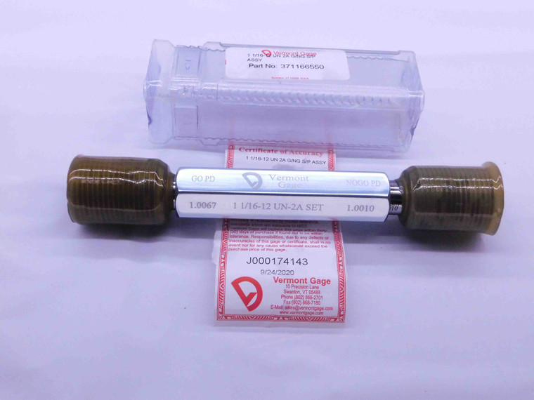 NEW 1 1/16 12 UN 2A VERMONT SET THREAD PLUG GAGE 1.0625 GO NO GO = 1.0067 1.0010 - DW42430VTG