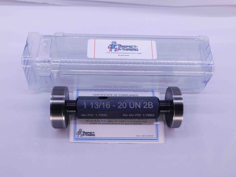 NEW 1 13/16 20 UN 2B THREAD PLUG GAGE 1.8125 GO NO GO P.D.'S = 1.7800 & 1.7863 - DW1510MSAF
