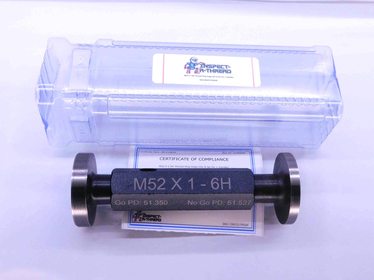 NEW M52 X 1 6H METRIC THREAD PLUG GAGE 52 1.0 GO NO GO P.D.'S = 51.350 & 51.527 - DW1517MSAF