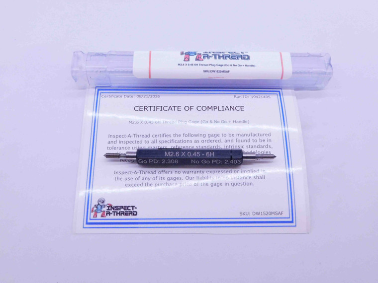 NEW M2.6 X .45 6H THREAD PLUG GAGE 2.6 0.45 GO NO GO P.D.'S = 2.308 & 2.403 - DW1520MSAF