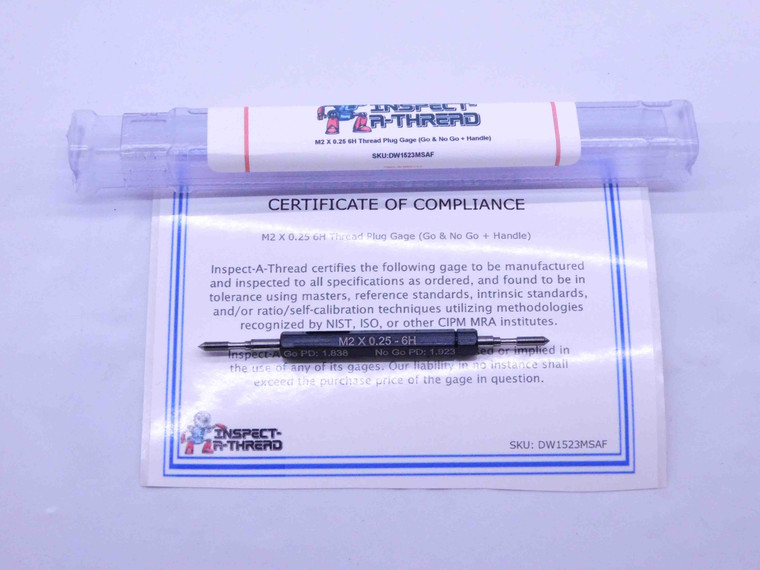 NEW M2 X .25 6H METRIC THREAD PLUG GAGE 2 0.25 GO NO GO P.D.'S = 1.838 & 1.923 - DW1523MSAF