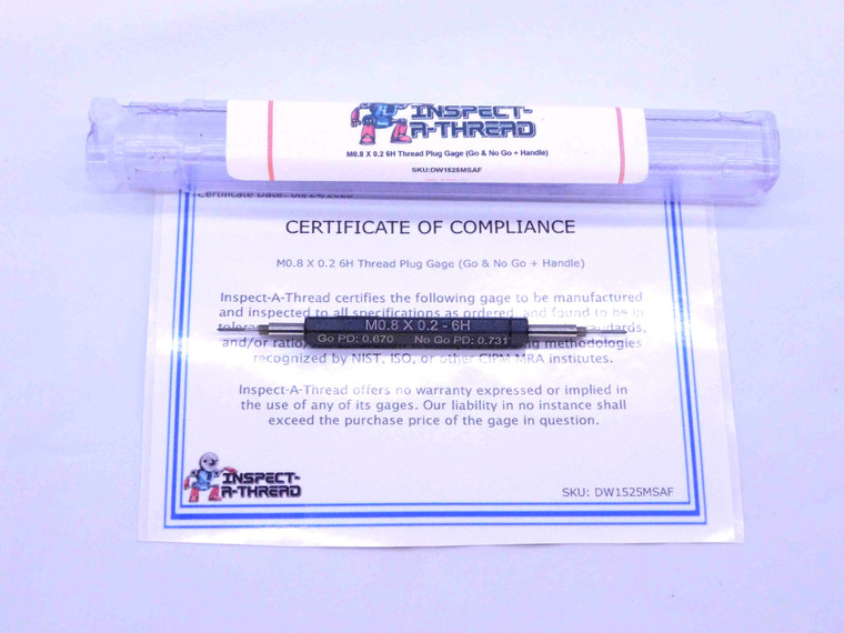 NEW M0.8 X .2 6H METRIC THREAD PLUG GAGE M.8 0.8 0.2 GO NO GO P.D.'S = .670 & .731 - DW1525MSAF