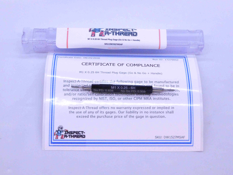 NEW M1 X .25 6H METRIC THREAD PLUG GAGE 1 0.25 GO NO GO P.D.'S = .838 & .906 - DW1527MSAF